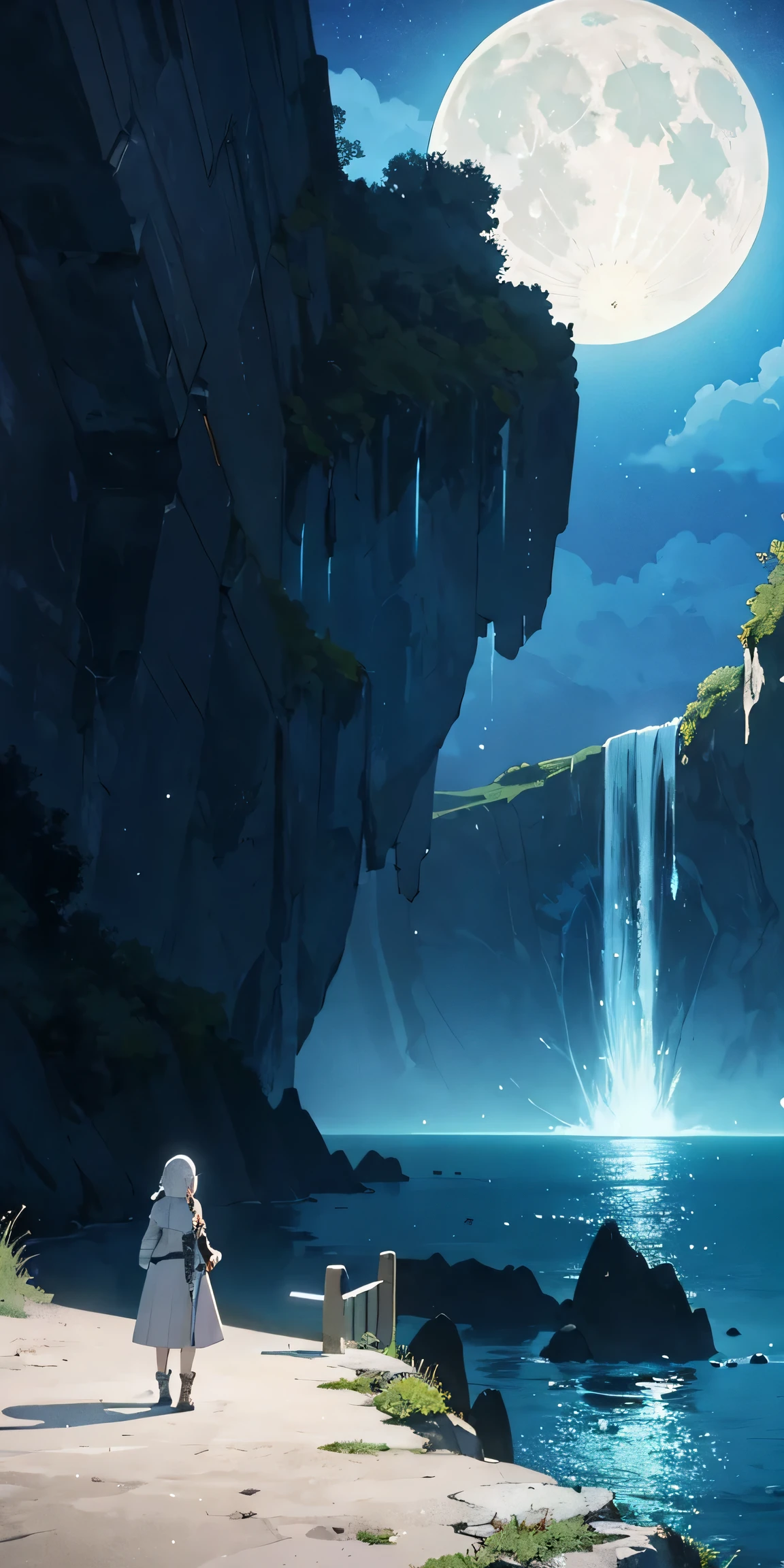 This is a digital artwork of two characters standing on a beach at night.. The characters wear elaborate armor and flowing costumes reminiscent of fantasy.. One character has long white hair and holds a cane., The other character has silver hair and is holding a sword. They are looking at luminous waves crashing against the shore under a starry sky. In the distance, you can see a bridge leading to an island with futuristic buildings glowing softly., Above it is a large moon or planet with craters visible, adding to the mysterious atmosphere.. This image depicts adventure and mystery in a mystical coastal setting
