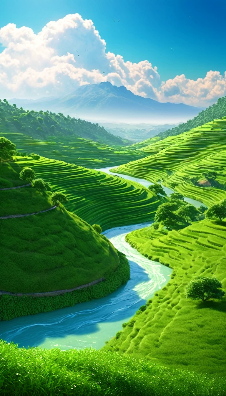 **Cinematic Prompt for Mansain on a Hill Gap with River Flowing Below:**
"A majestic mansain stands proudly on a hill gap, overlooking a serene landscape. The hill, lush and verdant, rises gracefully above a gently flowing river that sparkles in the sunlight below. The scene is framed by a vivid blue sky, dotted with fluffy white clouds, creating a breathtaking contrast with the green of the hill and the shimmering water. The sunlight casts a warm, golden glow over the entire panorama, enhancing the natural beauty and creating a tranquil, cinematic atmosphere. The mansain, with its intricate architecture and cultural significance, adds a touch of history and mystique to this idyllic setting."
This description can be used to create a detailed and evocative image prompt for generating artwork or visual content.