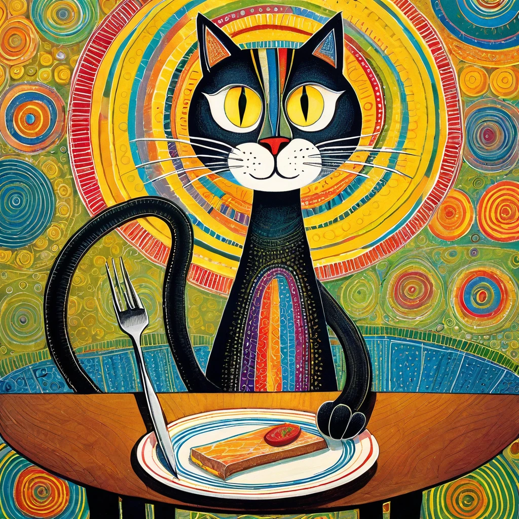 Lithography print, intricate fine lines. Naive art. very tall, slender cat with a very long neck with colorful stripes, large horizontal oval head and large yellow slit eyes, sweet expressive smile. he is sitting at the table, in front of his empty plate and holding knife and fork between his paws. background with circles and spirals pattern