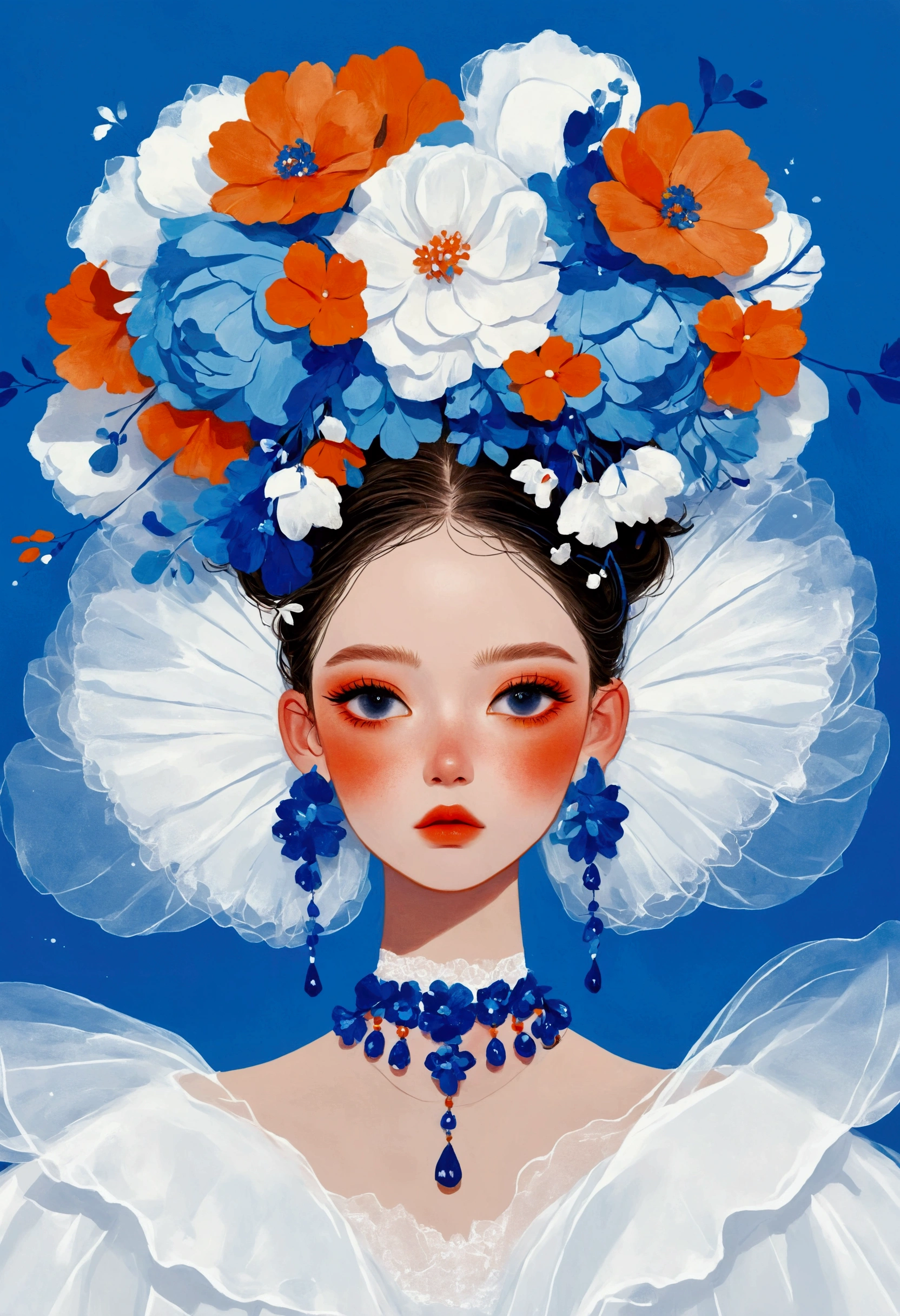 illustration：1 beautiful girl，Blue Skin，Flower Earrings，Flower headdress，White exaggerated dress，Exaggerated sleeves，Fluffy white tulle，Orange background