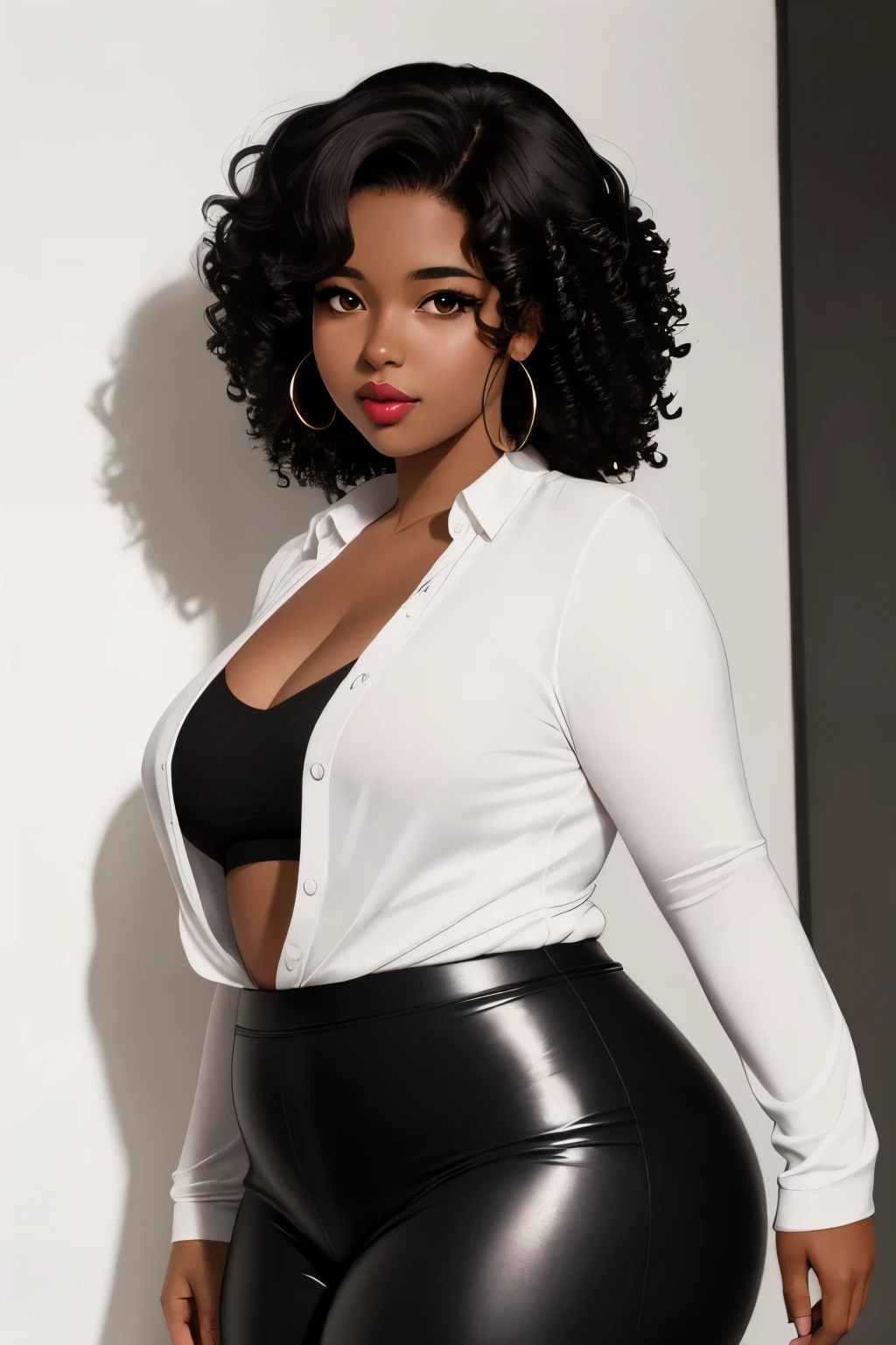 Anime illustration of dark brown skin latina girl, plus size, curvy, overweight, black eyes, black curly hair, big lips, anime, sleek design