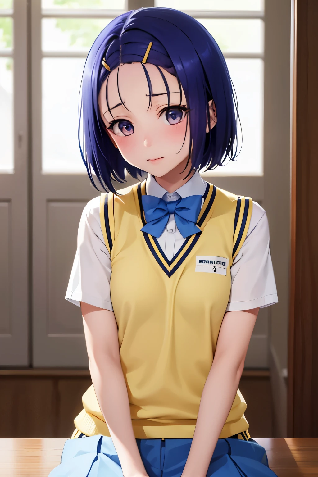 Haruna Sairenji、To Love-Ru、Blue Hair、Bobcut、Hairpins x 2、Show your forehead、high school girl、uniform、Cream colored vest、Bondage、Tied up、first round、Embarrassing、Blushing and blushing（（（ＳＦＷ、sound、Highest quality、first-clasasterpiece、Normal body、8k、Detailed face、Ultra-precision、Normal hand、Normal finger、５Finger、Highest）））、whole body、School