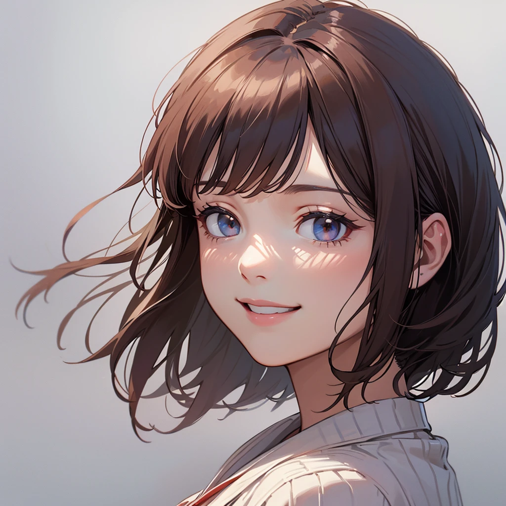 1 mature woman, white sweater, 40’s, realistic, high quality, masterpiece, HD, brown bobcut hair, smile
BREAK
(upper body:1.7), from side, smile
BREAK
simple white background,