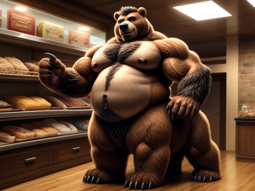 furry, fur taur, beartaur, anthro, middle-age, solo,1man, detailed face, bear ears, bear eyes(brown), bear nose(black), bear mouth, beard(grey), hair, mature hair(grey), detailed arm, thick arm, forearm hair, muscular, thick hands(5 fingers), thick claws, detailed body belly, thick body, muscle belly(white), thick chest, chest hair(white), nipples, detailed taur body, thick taur body, waist hair, thick bear paws, bear paws hair, thick bear claws, thick bear tail, full body shot, standing in the bakery