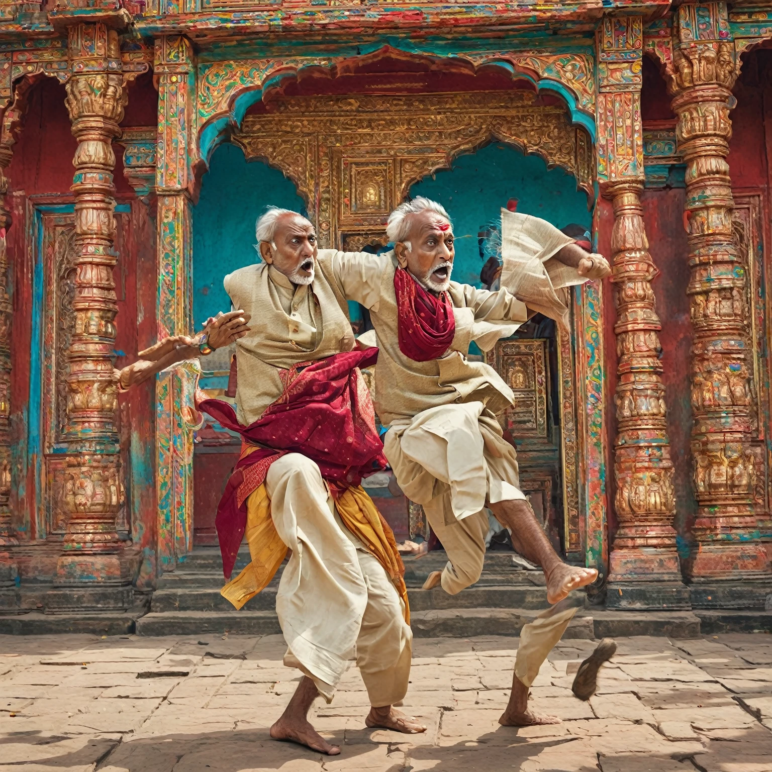 "An elderly Indian man in traditional attire attempting to kick a young Indian  near an Indian temple. The scene captures a moment of tension and conflict. The background features the ornate architecture and vibrant colors of the temple, emphasizing its cultural significance. The old man looks stern and aggressive, while the  appears shocked and distressed."