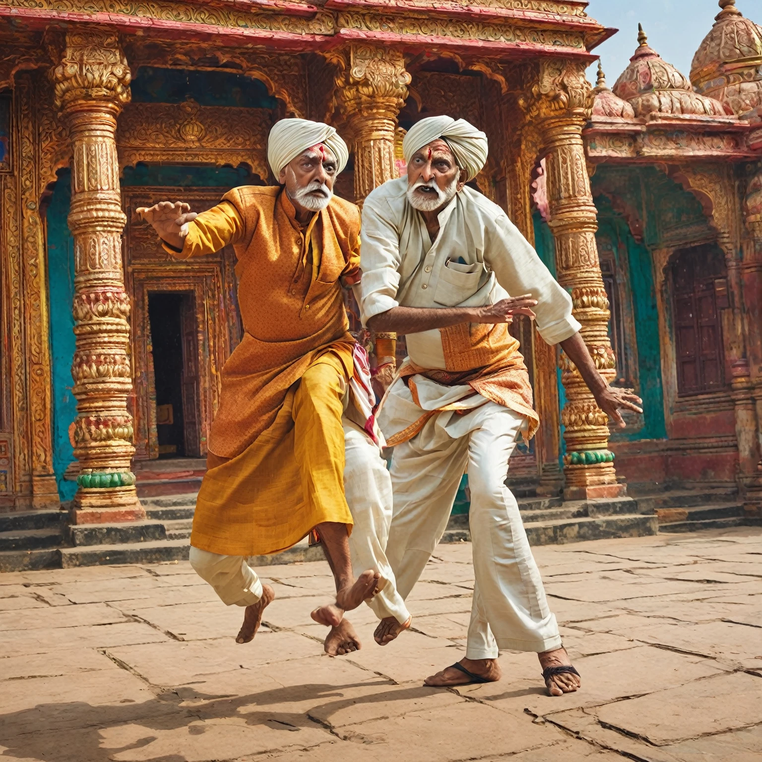 "An elderly Indian man in traditional attire attempting to kick a young Indian  near an Indian temple. The scene captures a moment of tension and conflict. The background features the ornate architecture and vibrant colors of the temple, emphasizing its cultural significance. The old man looks stern and aggressive, while the  appears shocked and distressed."