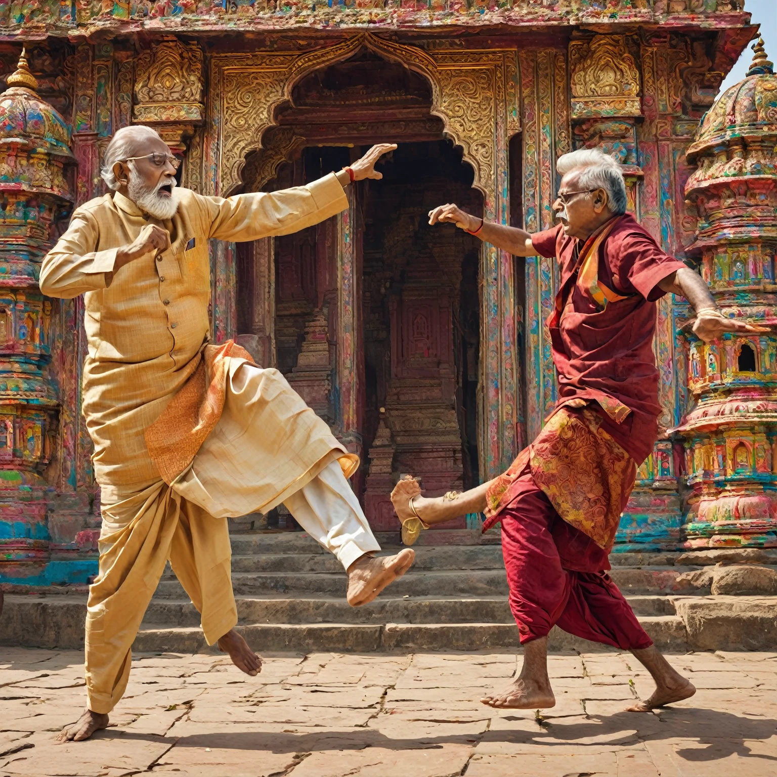 "An elderly Indian man in traditional attire attempting to kick a young Indian near an Indian temple. The scene captures a moment of tension and conflict. The background features the ornate architecture and vibrant colors of the temple, emphasizing its cultural significance. The old man looks stern and aggressive, while the appears shocked and distressed."
