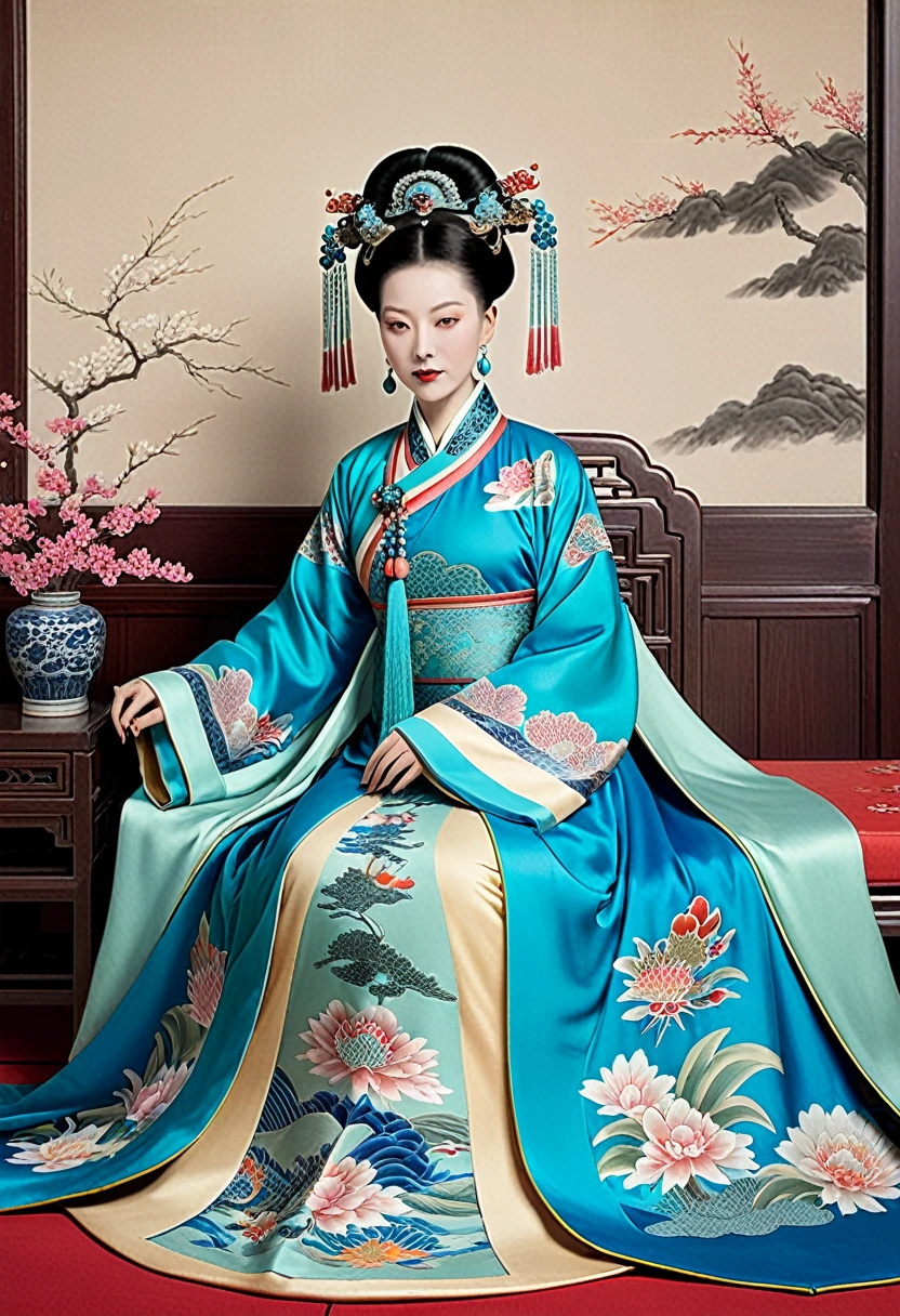 The Qing Dynasty Empress's large breasts, hairy body, and pubic hair can also be seen. She is sleeping in her bedroom with her hair pulled up and tied up, wearing a gorgeous flower-adorned hair ornament on both sides.、Background of crowning of Qing Dynasty Empress. Bedroom of palace of Qing Dynasty China.