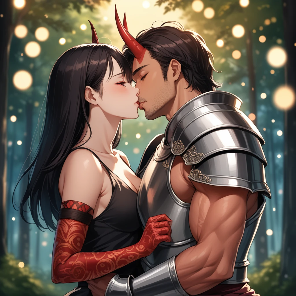 8K, RAW, best quality, masterpiece, ultra high res, colorful, portrait, (medium wide shot), (dynamic perspective), sharp focus , (depth of field, bokeh:1.3), extremely detailed eyes and face, beautiful detailed eyes, 
couple, hugs, kiss, kissing, passion, love, moment, 
(1man, Human, Caucasian, human Knight, plate armor, muscular, stubble, short black hair, brown eyes:1.5), 
(1girl, Japanese, Oni, demon, (girl with oni horns, girl with oni red skin), slander tail, wide samurai pants, geta footwear, black tight crop top, long black hair, red eyes, breasts bandage, medium breasts:1.5), 
near campfire, lean back to tree, looking at viewer, facing viewer, right side view, forest background, dark forest, night time