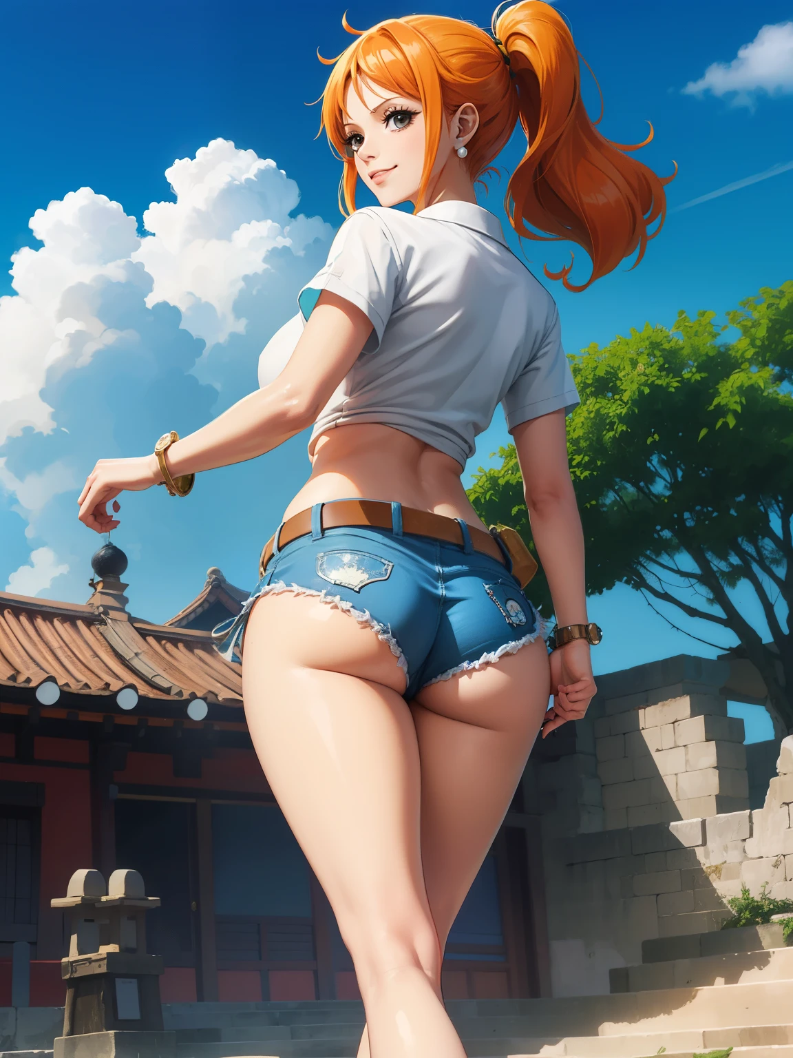NamiFinal, nami fazer anime one piece, hair orange, bangss, hair in a bun, appealing, appealing woman, perfectbody, perfectly shaped breasts, vestindo um quimono, wearing earrings, Wearing a watch, in park, cherry tree, traditional house japan, gazing at viewer, slightly-smile, 真实感, Artwork, textured leather, super verbose, high détail, high qualiy, best quality, 1080P, 16K