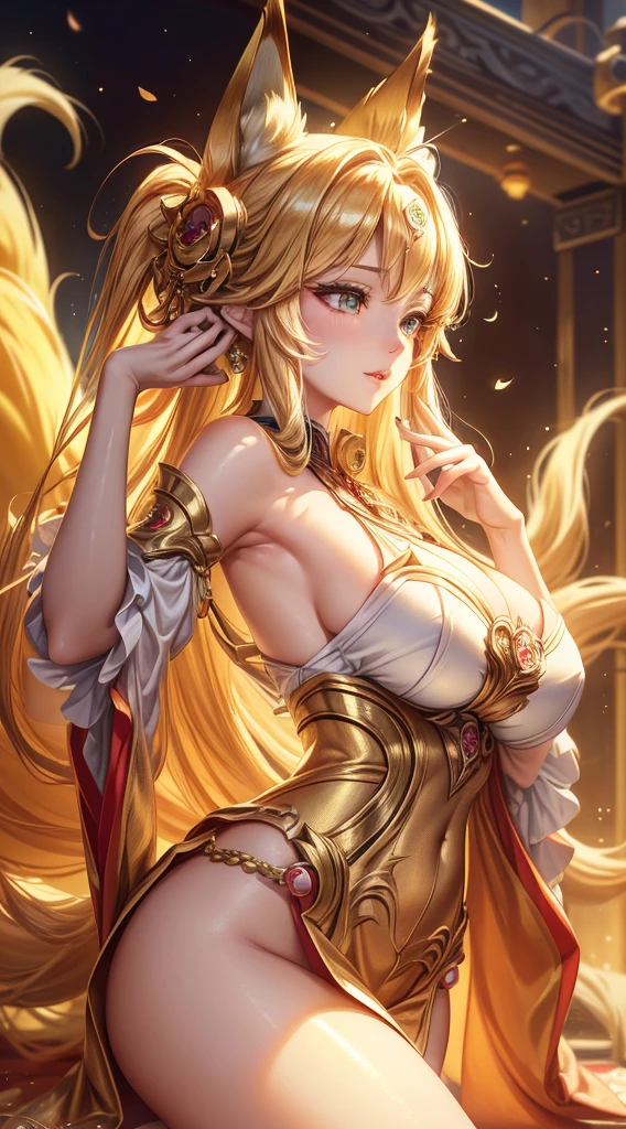 1 beautifull kitsune queen wearing a golden armor, hands behind, hairs covering ears,blonde hairs, french braid, hair hide ear, hime cut, very long hair, heart-shaped pupils, animal ears,european face, fox ears,"long orange fox ears with black tips", covering ears, kemonomimi mode,tail emanating(9 tails fox),huge tits, large hips with golden armor,((fully clothed)), "all skin covered by golden armor", no nsfw, high detail, depth of field, masterpiece, anatomically correct, high quality, award winning,(masterpiece, best quality),sunny,((extremely detailed background)), traditional temple, facing viewer,action pose,Beautiful Finger,Beautiful long legs,Beautiful body,Beautiful Nose, perfect face,(mature:1.1),(milf:1.1),(mature female:1.3),make up,parted lips,(shiny skin:1.3),(perfect female body:1.2),(gorgeous detailed skin),(detailed hair), masterpiece, high quality, highres, absurdres,(beautiful and aesthetic:1.2), beautiful hand, 4k, 8k, perfect balance, detailed aqua eyes, perfect eyes, expressive eyes, looking at viewer, expressionless, ray_tracing,intricate details,depth of field, extremely delicate and beautiful, (Beautiful,), (beautiful_face:1.5)