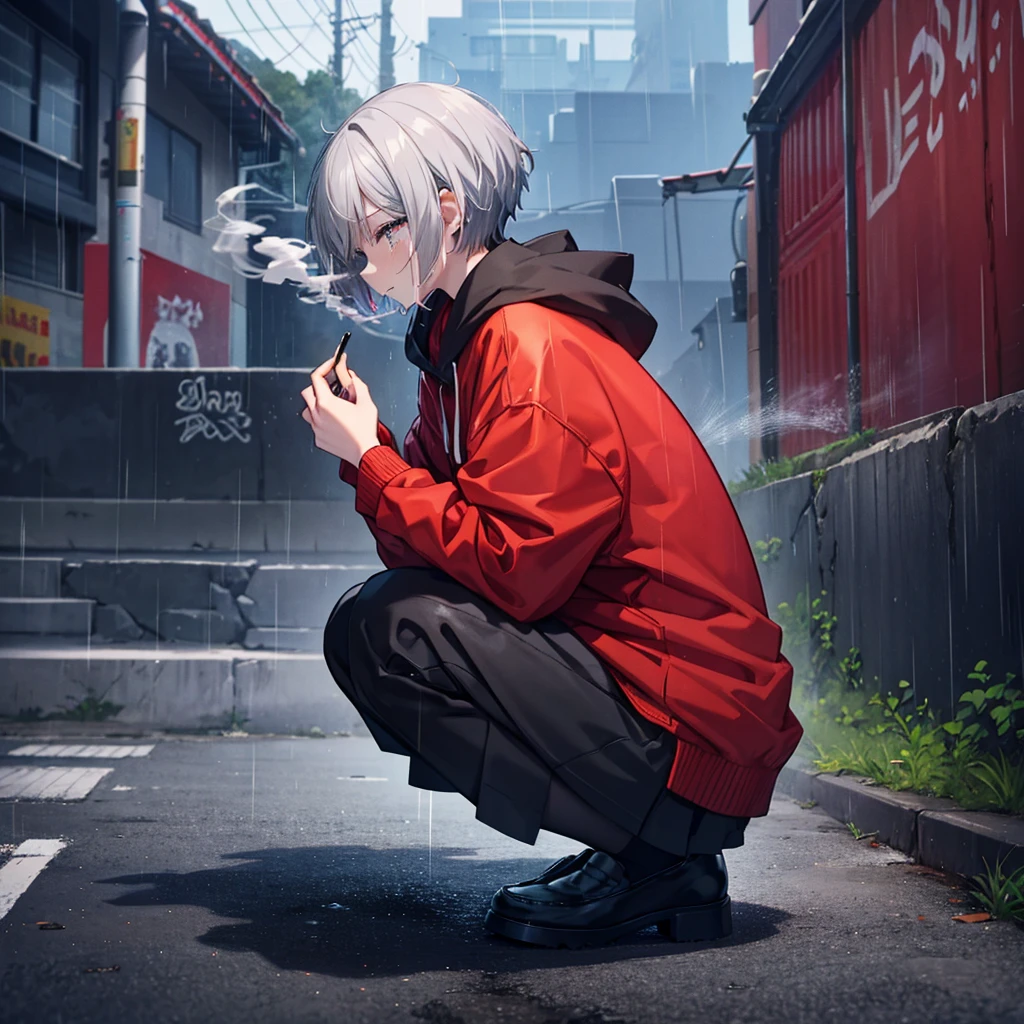 (((1 person Gray Hair、short hair Black and red outfit、hoodie))) (((High resolution Getting wet in the rain Black long skirt loafers))) (((Sad face、profile、Close-up Crying and smoking a cigarette))) ((((Leaning against a wall、squat Colorful spray graffiti)))) ((in the rain、It rains Blowing in the Wind)) (Shining Background Shining Edges)