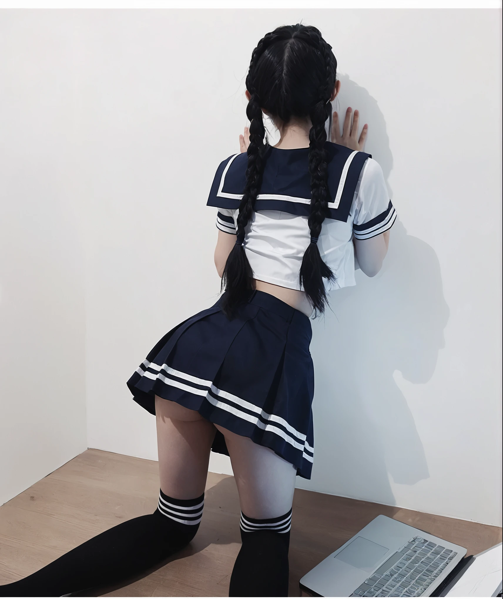 一位身穿Sailor Suit的女士坐在桌子上, Sailor Suit, anime girl role play, Wear Japanese school uniforms, Japanese school uniform for girls, Japanese school uniforms, Anime girls in real life, girl Wear uniform, Wear skirt and high socks, Black braids, dress up as , role play, anime role play, Fleet Collection Style, Wear