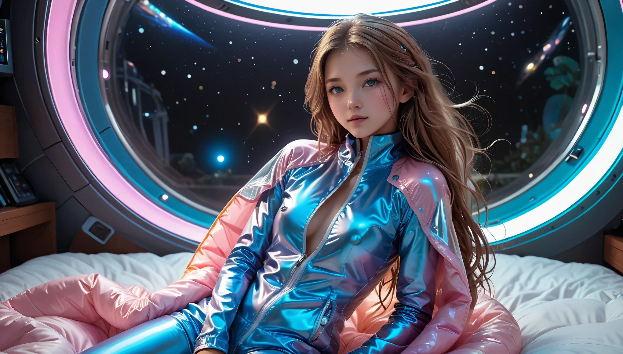 Top Quality, Masterpiece, High Resolution, 8k, ((2 cute barely legal girls in light pink blue opened shiny puffer with plunging neckline, short sleeves, wide neckline, deep neckline, small perky breasts, extremely detailed face, detailed slightly open eyes, beautiful detailed lips, random long hair style, small hips, very young)), in a spaceship, on bed, intricate details, at night, backlit, random neon color, full body shot, view from distance, random pose