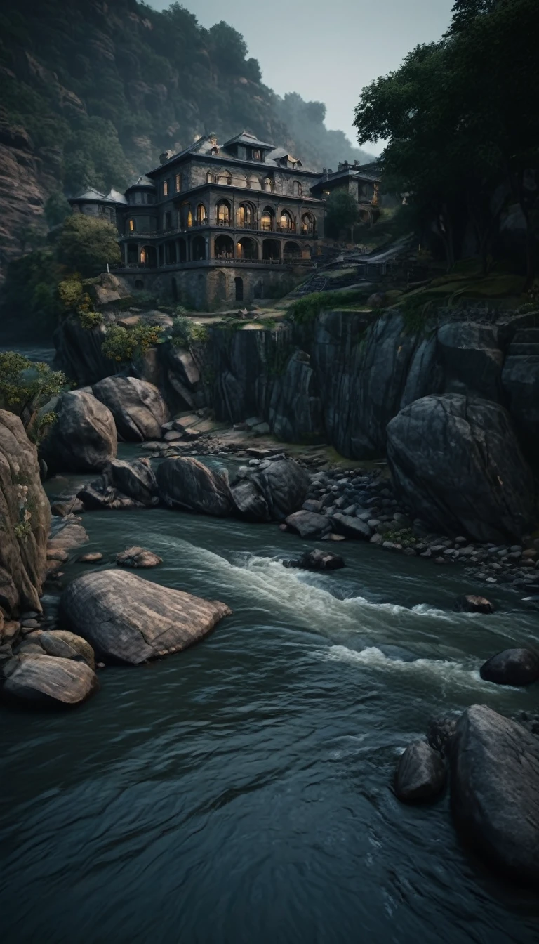 a vintage mansion , in rocks ,beside a river, dark theme, cinematic and ultra real ,mansain on rocks ,river flowing below it