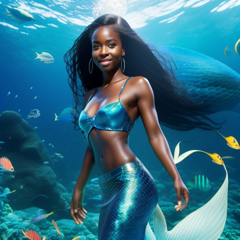 fking_scifi, fking_scifi_v2, portrait of a young very beautiful African woman, bra, mermaid, mermaid tail below waistline, underwater, happy face, light smile, belly, long hair, black hair, looking at viewer, 