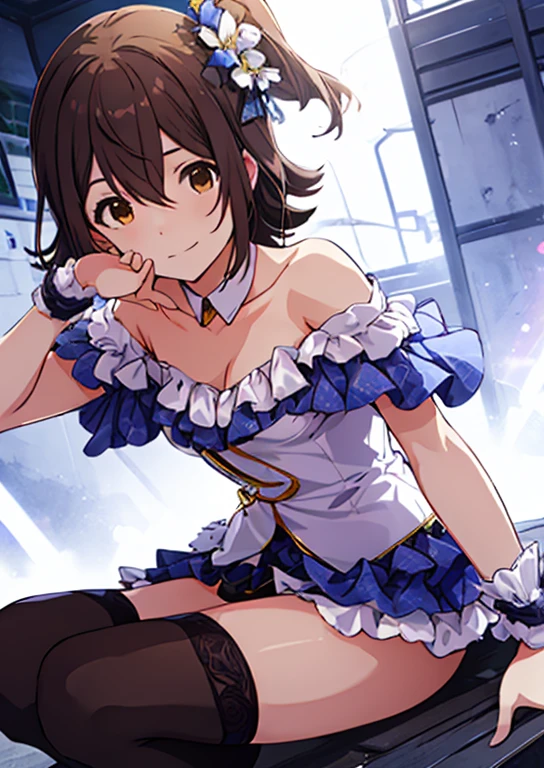 Mirai Kasuga (Home to 1 million people), (Highest quality, 8k, masterpiece, Very detailed:1.2), (Lens flare, Particles of light, Shine), Big Breasts, smile, Open your mouth, masterpiece, Highest quality, Very detailed, High resolution, Very detailedCG, Official Art, Off the shoulder, ((BTBS)), Dynamic Angle, Perfect body,sexy, Panty shot, sit,M-shaped feet, (Squat down with one knee raised、Spread your legs),Panties digging into the crotch, 