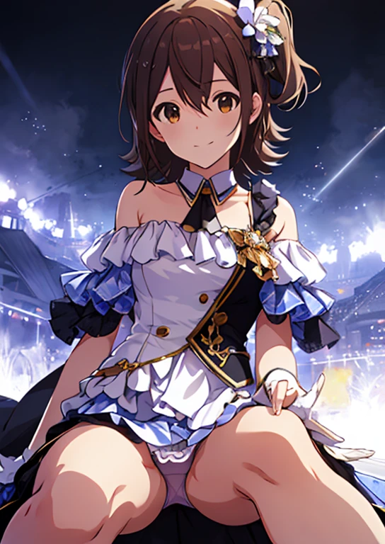 Mirai Kasuga (Home to 1 million people), (Highest quality, 8k, masterpiece, Very detailed:1.2), (Lens flare, Particles of light, Shine), Big Breasts, smile, Open your mouth, masterpiece, Highest quality, Very detailed, High resolution, Very detailedCG, Official Art, Off the shoulder, ((BTBS)), Dynamic Angle, Perfect body,sexy, Panty shot, sit,M-shaped feet, (Squat down with one knee raised、Spread your legs),Panties digging into the crotch, 