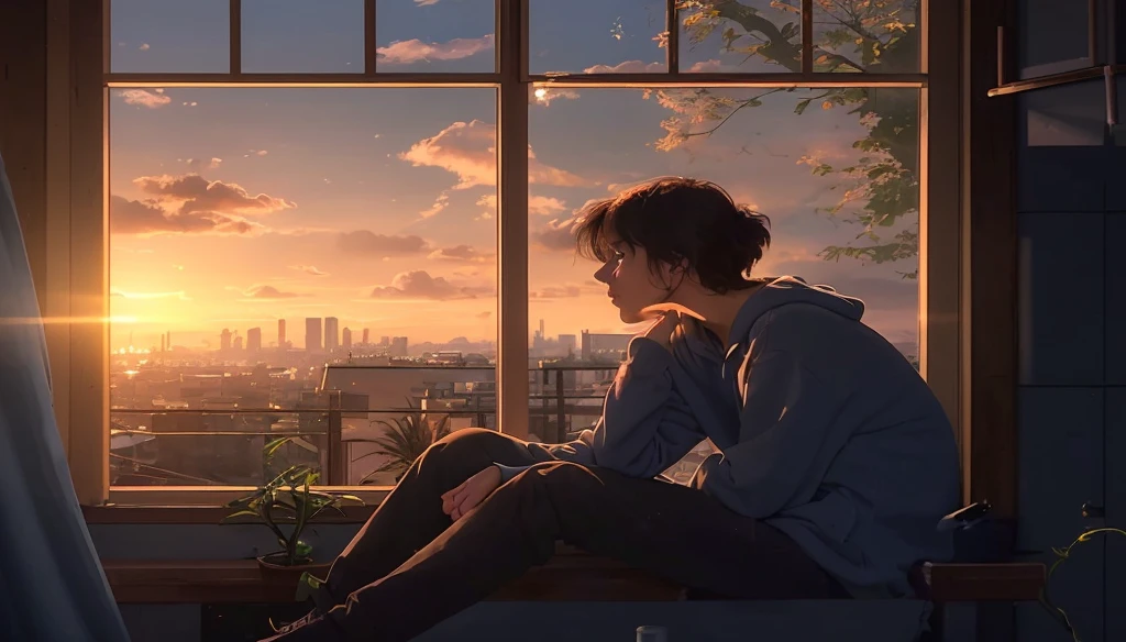 The scene is set at sunset, with a warm, golden-orange glow dominating the sky, The sun is low on the horizon, casting long shadows and illuminating the sky with vibrant hues of orange, pink, and yellow, Fluffy clouds are scattered across the sky, reflecting the sunset colors, In the distance, there are buildings and possibly skyscrapers, suggesting an urban environment, The cityscape is rendered in silhouette due to the backlighting from the setting sun, There are hints of greenery, with a vine creeping up the window frame and some trees or bushes visible outside, adding a touch of nature to the urban setting, The window frame suggests a traditional wooden structure, possibly an older building or a residential home, The central figure is a young person with short, dark hair. The individual is sitting on a windowsill, looking out at the sunset, They are wearing a loose, casual hoodie, which adds to the relaxed, introspective mood of the scene, The person is seated with one knee drawn up, and their arms resting on their knee, Their posture is slightly slouched, conveying a sense of deep thought or contemplation, Their expression is thoughtful, gazing out the window with a hint of melancholy, The lighting is soft and diffused, coming from the setting sun outside, It casts a warm glow on the character, highlighting the contours of their face and casting gentle shadows, The room inside is relatively dim, with most of the light coming from the window. This contrast between the bright, vibrant outside world and the dim, quiet interior enhances the introspective mood