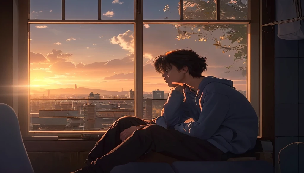 The scene is set at sunset, with a warm, golden-orange glow dominating the sky, The sun is low on the horizon, casting long shadows and illuminating the sky with vibrant hues of orange, pink, and yellow, Fluffy clouds are scattered across the sky, reflecting the sunset colors, In the distance, there are buildings and possibly skyscrapers, suggesting an urban environment, The cityscape is rendered in silhouette due to the backlighting from the setting sun, There are hints of greenery, with a vine creeping up the window frame and some trees or bushes visible outside, adding a touch of nature to the urban setting, The window frame suggests a traditional wooden structure, possibly an older building or a residential home, The central figure is a young person with short, dark hair. The individual is sitting on a windowsill, looking out at the sunset, They are wearing a loose, casual hoodie, which adds to the relaxed, introspective mood of the scene, The person is seated with one knee drawn up, and their arms resting on their knee, Their posture is slightly slouched, conveying a sense of deep thought or contemplation, Their expression is thoughtful, gazing out the window with a hint of melancholy, The lighting is soft and diffused, coming from the setting sun outside, It casts a warm glow on the character, highlighting the contours of their face and casting gentle shadows, The room inside is relatively dim, with most of the light coming from the window. This contrast between the bright, vibrant outside world and the dim, quiet interior enhances the introspective mood