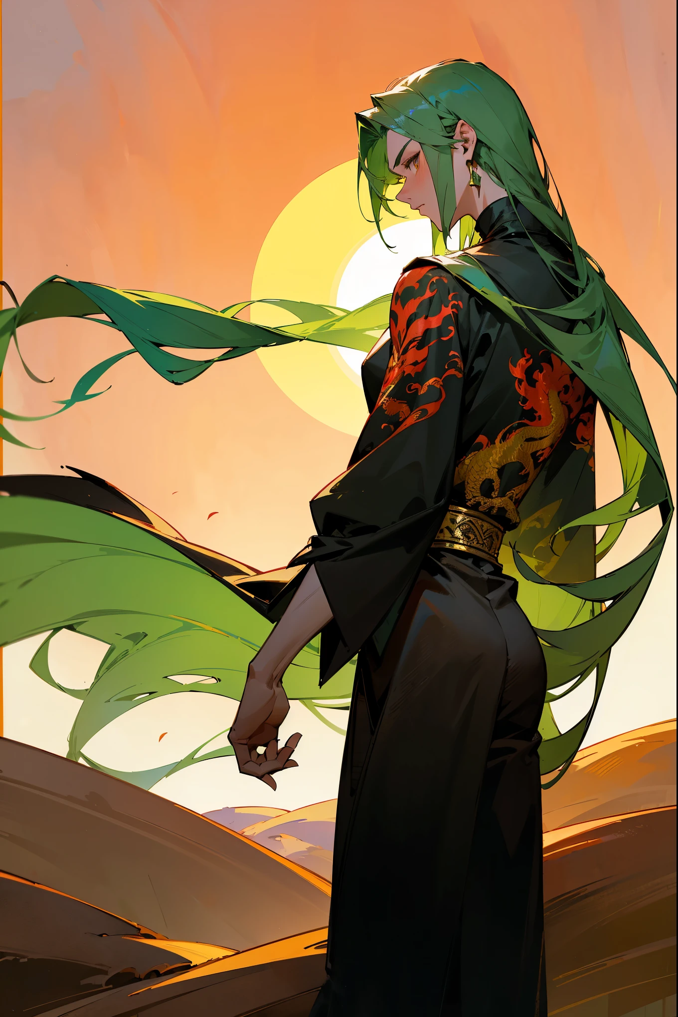 Masterpiece, 8k, a young man with long, flowing emeral green hair and golden eyes, clad in a crimson cloak with black dragon embroidery, dragon back tattoo, back facing camera black trousers, and tall boots. The backdrop is a windswept desert with ancient statues and a setting sun. Standing on path