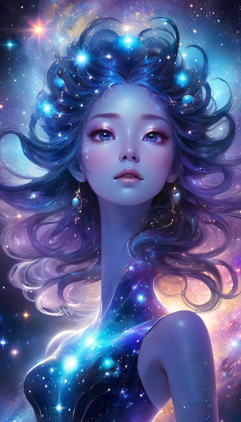 A celestial being known as the Nebula Nymph, with skin shimmering like a nebula, trails of stardust cascading from its fingertips, hair adorned with glowing orbs like distant galaxies, and eyes reflecting the vastness of the universe.