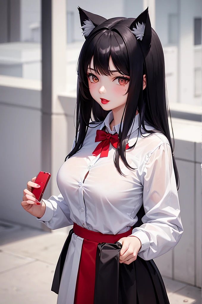 Detailed facial details，16 years old，1 girl，Red lips，Cat ear，Black long hair，Wearing a pure white bikini，Large Breasts，Slim，Collar，Radiant Skin，Sitting on the bed，flower，bedroom