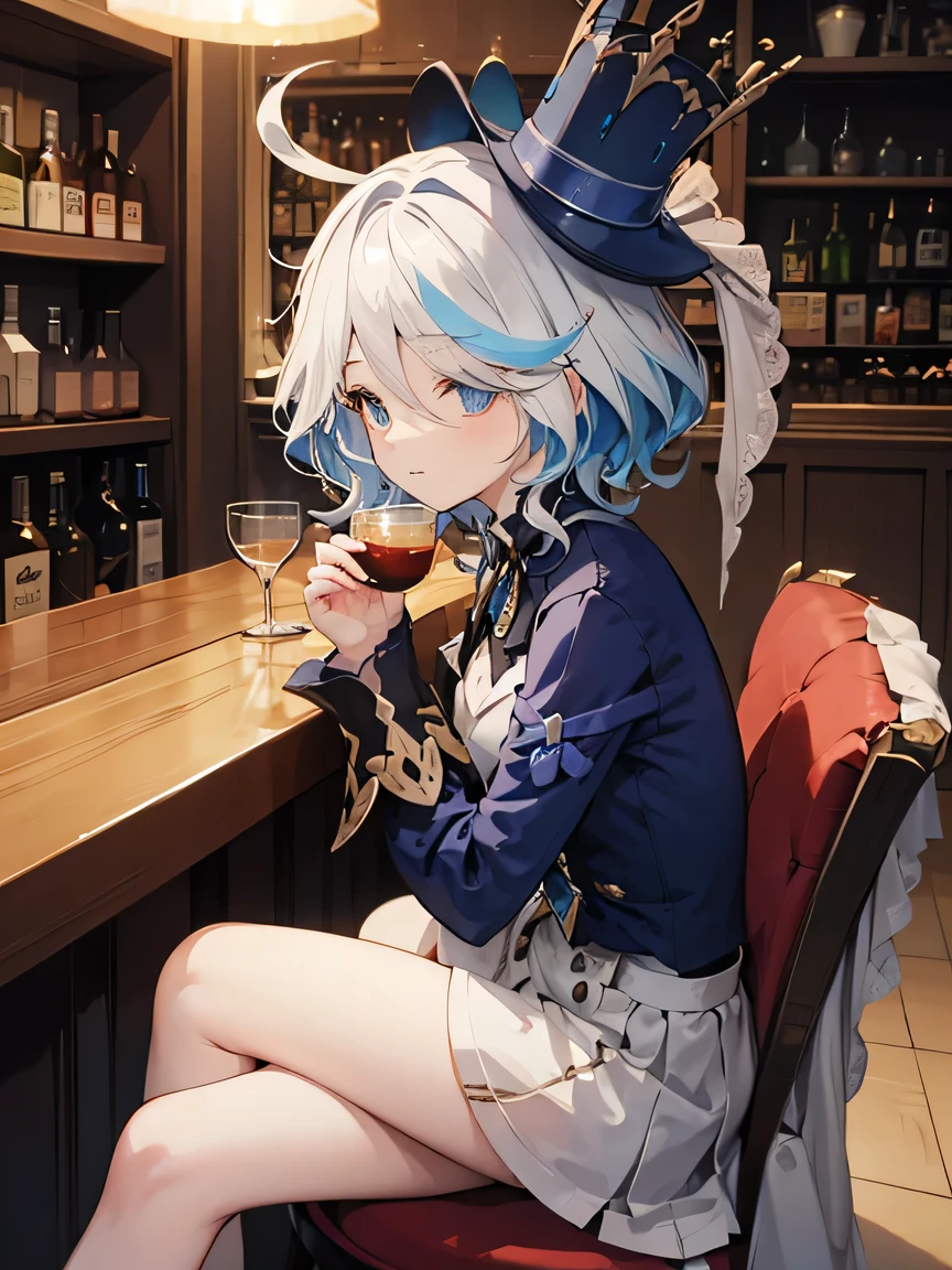 Sitting in a chair、Crossing your legs、Drinking tea、With one eye open、If you look at this、expensive、Blue Top Hat、bar counter、profile、High Angle
