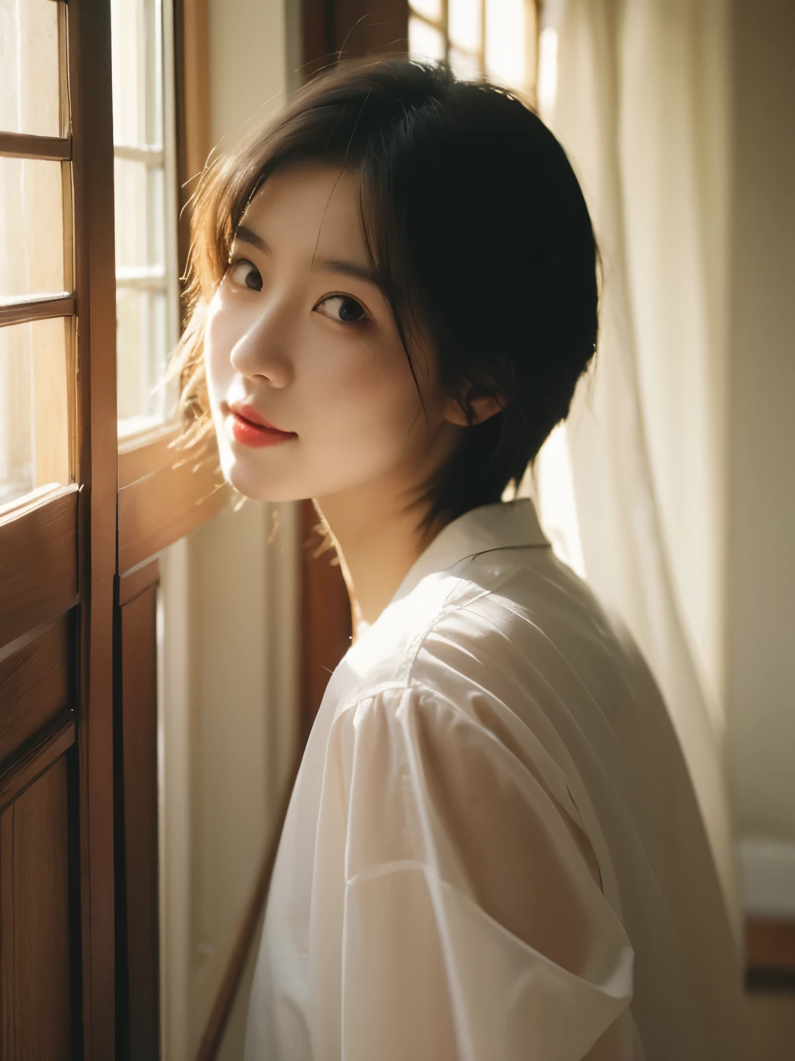  masterpiece, Ultra-high resolution, original photo, 1 girl, Healer, Lovely，Energetic, Ward, Daylight Deep Shadows, Unobtrusive, A ray of sunlight shines on my face through the window, front， short hair，light，Top quality