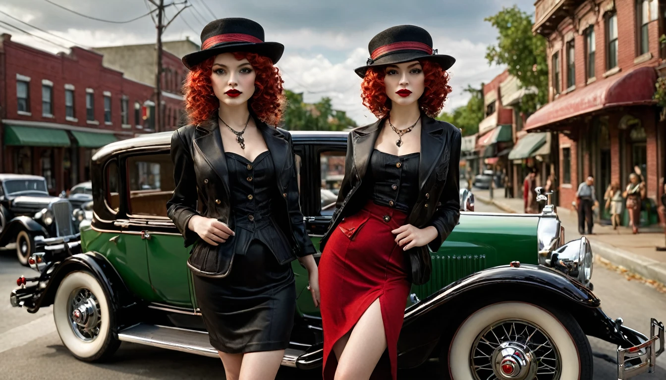 masterpiece, pale skin, Red lips, light eyes, eyeshadow, In the foreground is a beautiful red-haired woman with medium curly hair, standing in the street with a Thompson drum M1928A1., Behind her is a 1928 Cadillac Town Sedan., Left green, she wears a red and black mafia costume., Mafia style skirt and jacket on shoulders., she still wears a hat, garter holder and heels, very detailed body, detailed car and clothes, chiaroscuro, natural daylight, very detailed, she and the machine focused on the image