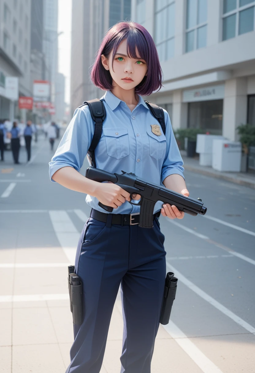 ((masterpiece)), ((best quality)), ((high resolution)), 1 Girl, Solitary, police officer, (matching pants, casual pants), City background, (Holding and aiming a pistol, Detailed handgun, Glock 22, Trigger discipline), permanent, Medium Length Hair, (Purple Hair, Double tail), (Green Eyes),