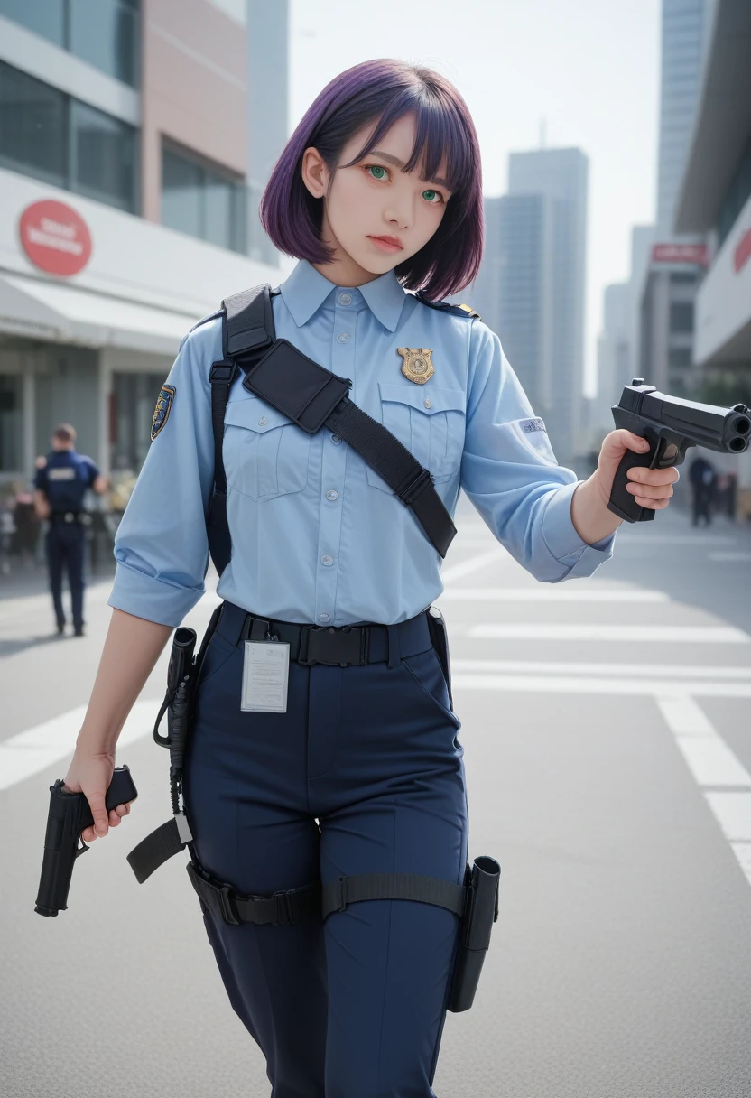 ((masterpiece)), ((best quality)), ((high resolution)), 1 Girl, Solitary, police officer, (matching pants, casual pants), City background, (Holding and aiming a pistol, Detailed handgun, Glock 22, Trigger discipline), permanent, Medium Length Hair, (Purple Hair, Double tail), (Green Eyes),