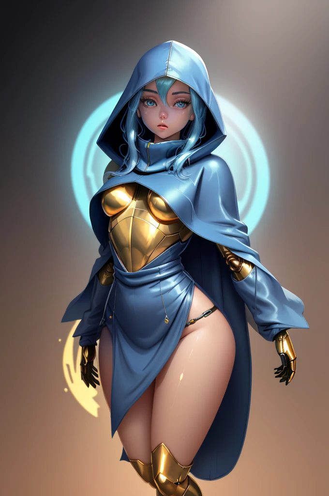 Robot woman, she has golden skin, her eyes are completely blue, she is wearing a blue poncho with a hood, her face is very beautiful, her hands are well detailed, her legs are well detailed, 2d art style.
