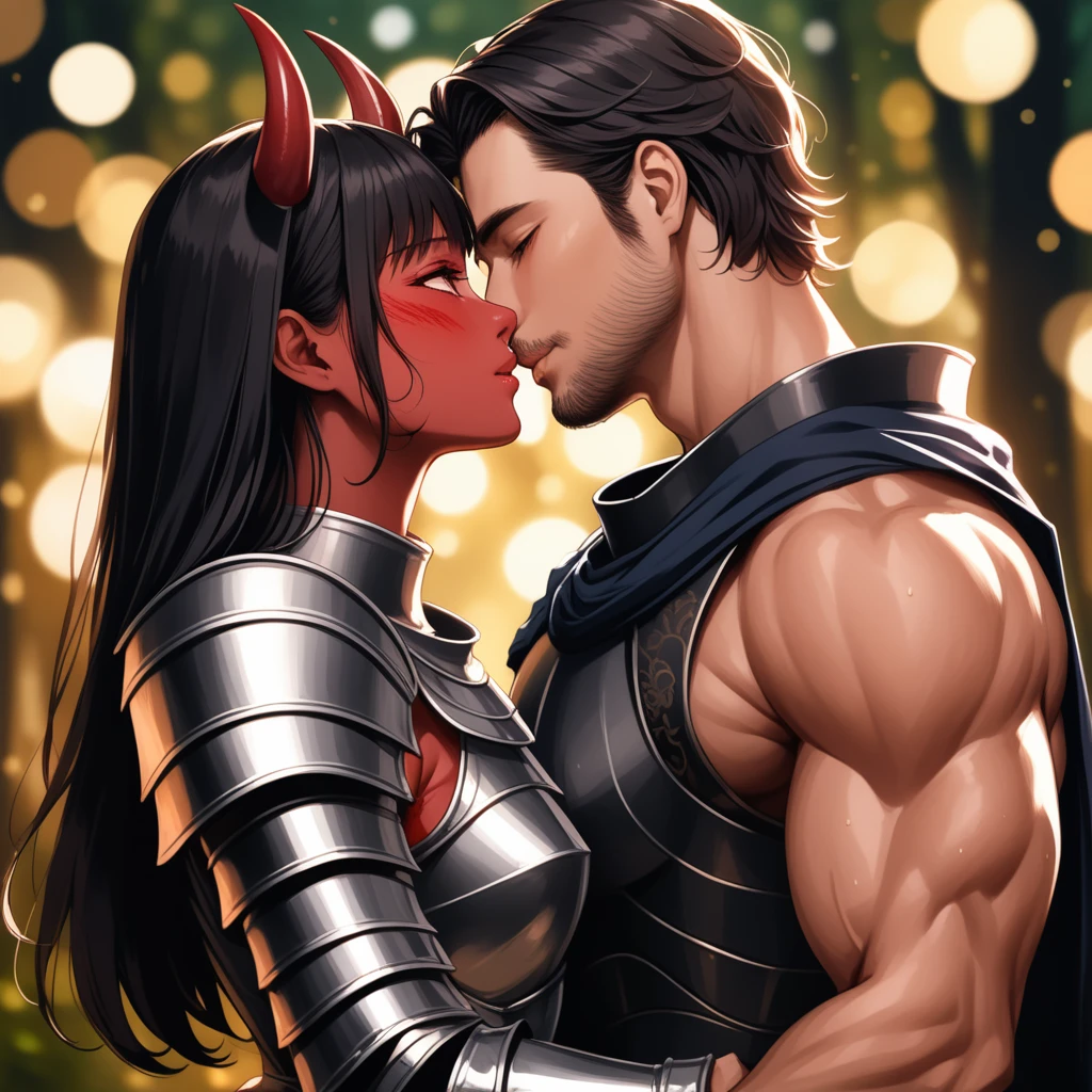 8K, RAW, best quality, masterpiece, ultra high res, colorful, portrait, (medium wide shot), (dynamic perspective), sharp focus , (depth of field, bokeh:1.3), extremely detailed eyes and face, beautiful detailed eyes,
couple, hugs, kiss, kissing, passion, love, moment,
(1man, Human, Caucasian, human Knight, plate armor, muscular, stubble, short black hair, brown eyes:1.5), |
(1girl, Japanese, Oni, demon, (girl with oni horns, girl with oni red skin, slander tail), wide samurai pants, geta footwear, black tight crop top, long black hair, red eyes, breasts bandage, medium breasts:1.5),
near campfire, lean back to tree, looking at viewer, facing viewer, right side view, forest background, dark forest, night time