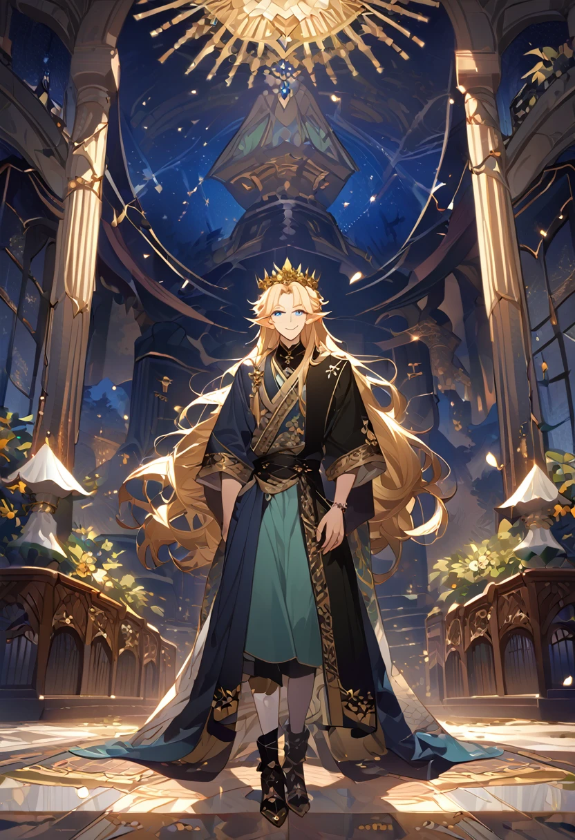 masterpiece, best quality, 8k ,4k , 1male, elf King, Golden Blond, Blue greenish eyes, gold wreath crown, hair ornament, long hair, finely detailed eyes and detailed face, looking at viewer, black sleeveless, half robe, patterned clothes, gold embroidery clothes, meticulous clothes, mature clothe, majestic looks, smiling gently, small bird, full body, inspired by Asukaziye artist : ask, art style : ask