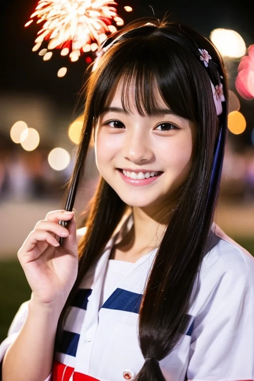 (((Highest quality)))　((masterpiece))　((Real beautiful girl))　17 Talented Girl　(Cute face)　clear　((Baby Face))　Appearance like an idol　Yukata　Having a fan　Fireworks display　smile　Hairstyle is up-haired