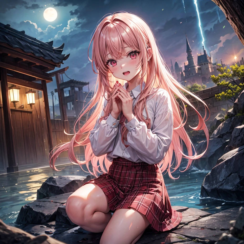 Pink Blonde、Red eyes、One cute girl、solo、And soul、Light clothing、Checked mini skirt、petal、Wet hair、Sit on、black t-shirts、large tree、cloud、Red full moon、desert、barefoot、Stones are piled up、Teeth are visible、Secret Treasure、Wooden chair、Fortress City、water is gushing out、Lightning strikes、Tilting face、Hands together