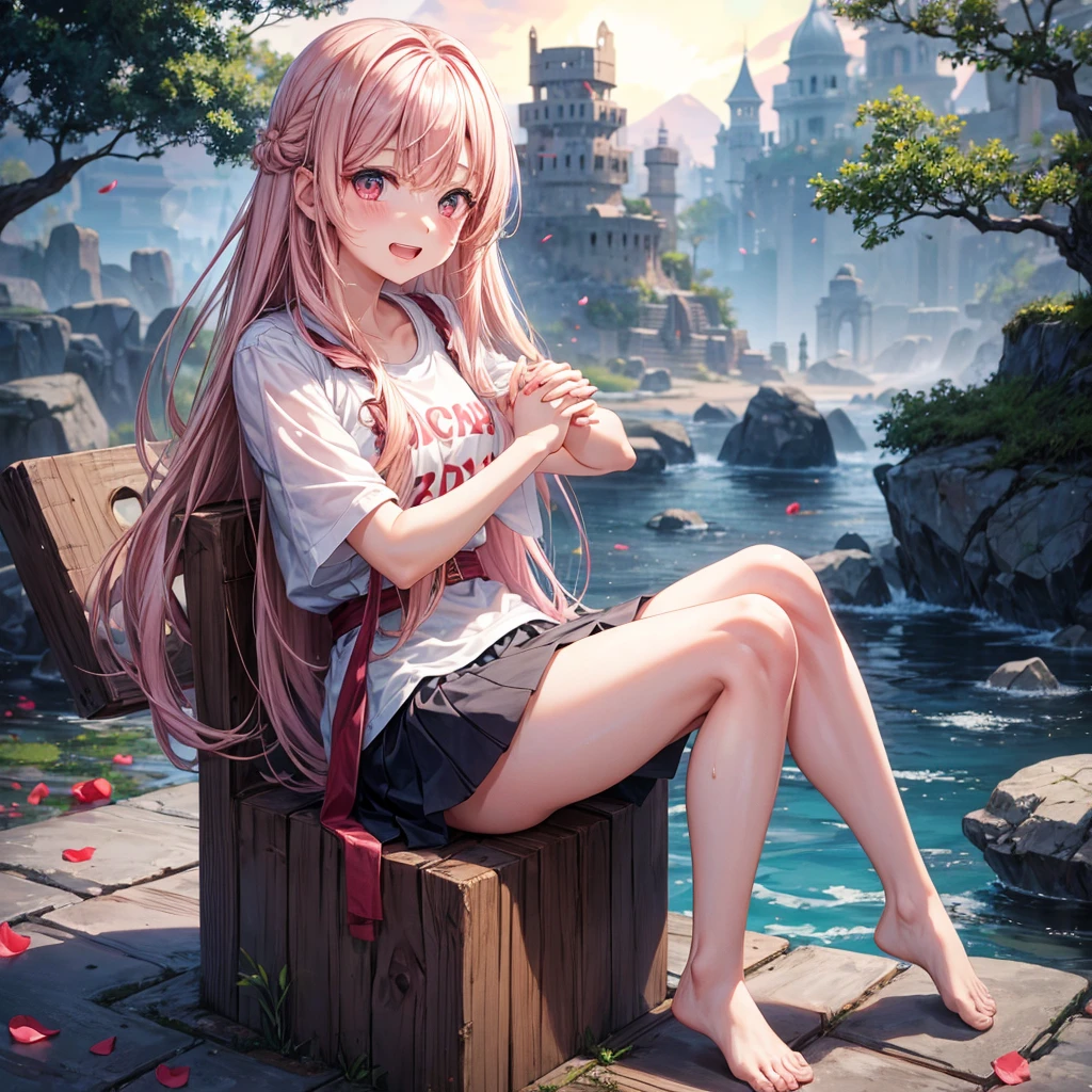 Pink Blonde、Red eyes、One cute girl、solo、And soul、Light clothing、Checked mini skirt、petal、Wet hair、Sit on、black t-shirts、large tree、cloud、Red full moon、desert、barefoot、Stones are piled up、Teeth are visible、Secret Treasure、Wooden chair、Fortress City、water is gushing out、Lightning strikes、Tilting face、Hands together