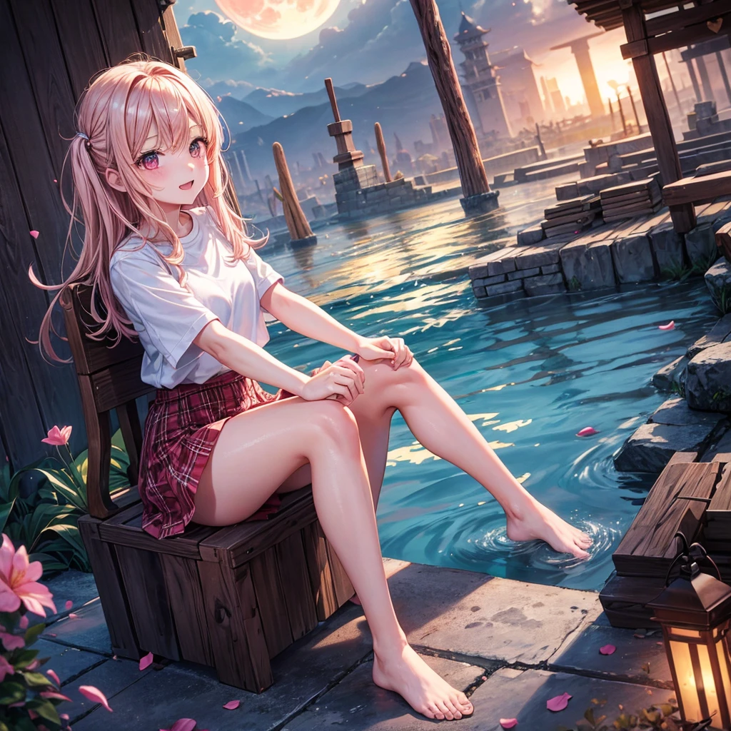 Pink Blonde、Red eyes、One cute girl、solo、And soul、Light clothing、Checked mini skirt、petal、Wet hair、Sit on、black t-shirts、large tree、cloud、Red full moon、desert、barefoot、Stones are piled up、Teeth are visible、Secret Treasure、Wooden chair、Fortress City、water is gushing out、Lightning strikes、Tilting face、Hands together