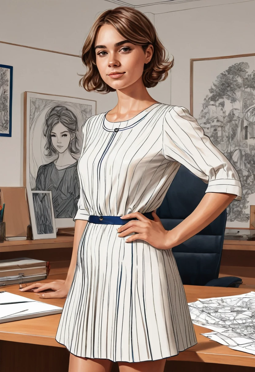 work of art, Great, (desk: 1.8), CG drawing with super high details, standing, 1 royal sister, Jumpy, a woman with short, tanned hair, layered dress, hands crossed at the waist, facing the public, illustration, wide angle panorama