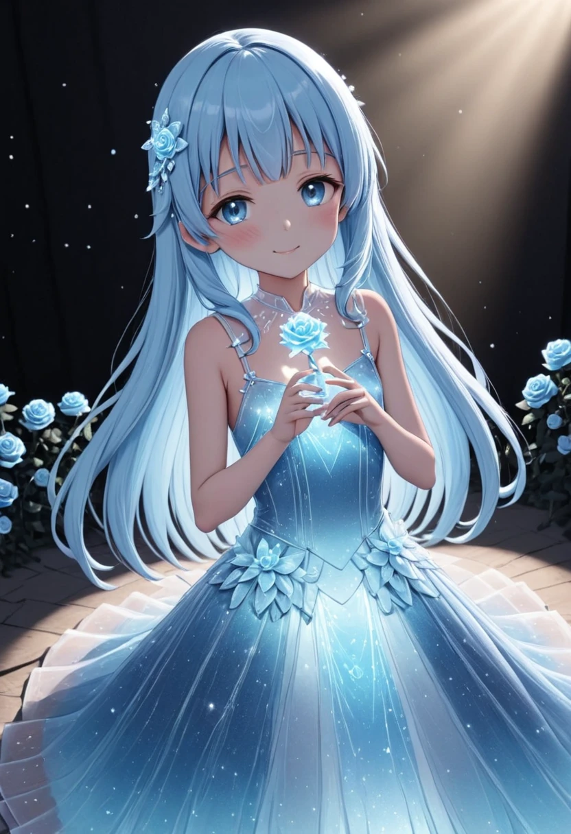 masterpiece, best quality, extremely detailed, (illustration, official art:1.1), 1 girl ,(((( light blue long hair)))), ,(((( light blue long hair)))),light blue hair, , long hair ((blush)) , cute face, masterpiece, best quality,(((((a very delicate and beautiful girl))))),Amazing,beautiful detailed eyes,blunt bangs((((little delicate girl)))),(((tareme))),droopy eyes.(true beautiful:1.2), sense of depth,dynamic angle,,,, affectionate smile, (true beautiful:1.2),,(tiny 1girl model:1.2),)(flat chest),masterpiece, best quality, 8K,,BREAK, a woman standing in the center of the scene with a gentle expression on her face against a torrent of light. She has ice blue hair and wears a light blue dress, and in her hand she holds a clear, delicate ice rose. This ice rose is in harmony with her pure presence, and a faint mist seems to be emanating from the rose. The surrounding torrent of light is dynamic and illuminates the girl's surroundings. Her smile is both gentle and serene, capturing the peace and beauty of this moment. The background is almost entirely blown white, with the light and the silhouette of the girl taking center stage