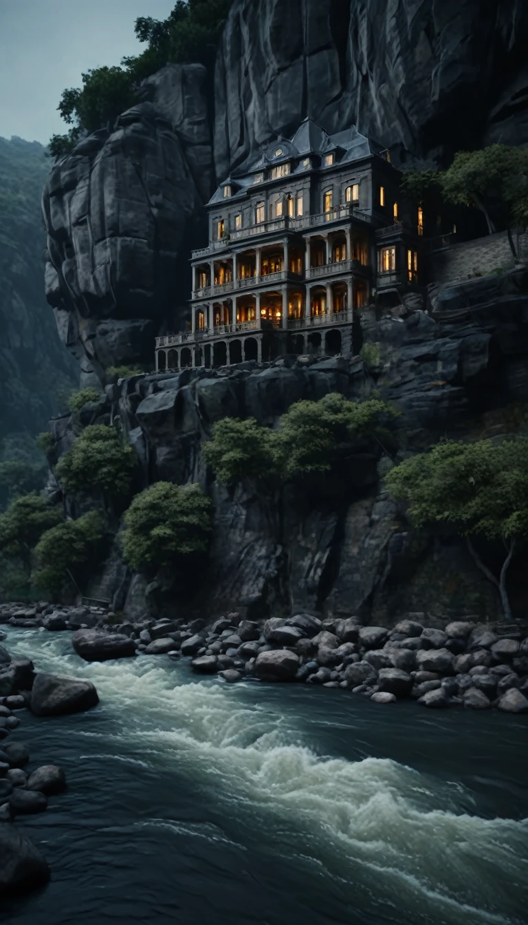 a vintage mansion , in rocks ,beside a river, dark theme, cinematic and ultra real ,mansain in  rocks ,river flowing below it