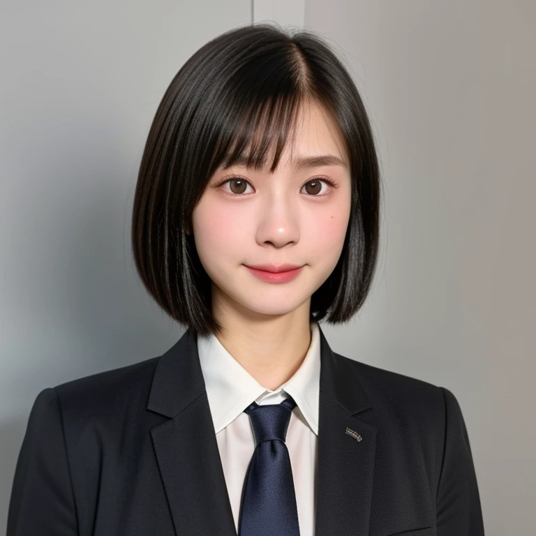 (kawaii 18 year-old Japanese girl, Nogizaka idol, Korean idol, highschool student), healthy female athlete body, (glossy black hair, short hair, pixie cut, bangs:1.3), (rounded face, beautiful black eyes, single eyelid, no makeup, embarrassed expression:1.2), (wearing suit jacket, collared shirt, necktie:1.3), extra small breasts, BREAK, (simple white background), (id photo, yearbook photo, view from forward, bust shot),  BREAK, (masterpiece, best quality, photo realistic, official art:1.4), (UHD, 8K quality wallpaper, high resolution, raw photo, golden ratio:1.3), (shiny skin), professional lighting, physically based rendering, award winning, (highly detailed skin, extremely detailed face and eyes), Carl Zeiss 85 mm F/1.4, depth of field, 1girl, solo,