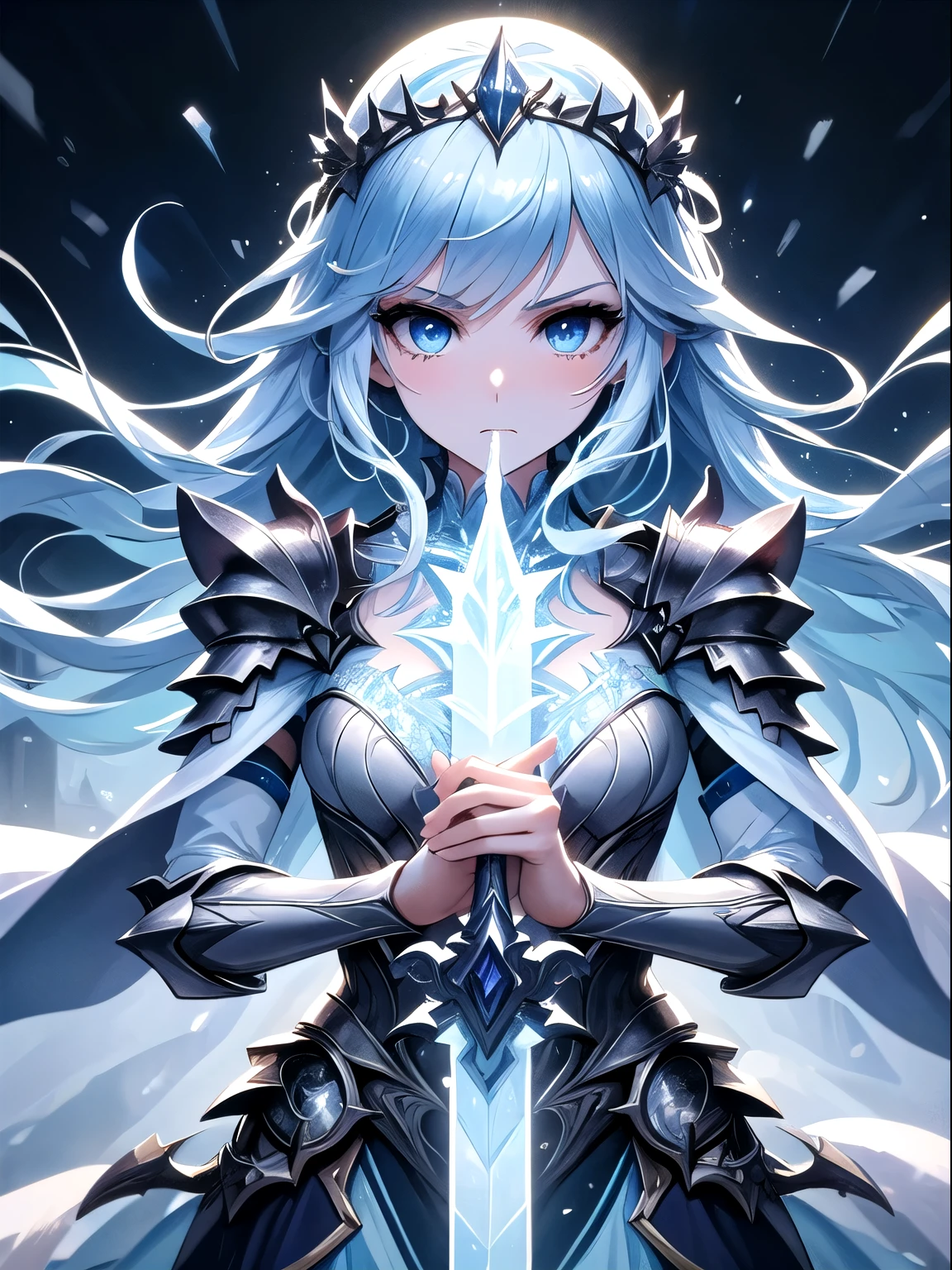 One girl, (sword up), Ice Sword, Ice Queen Armor, Frozen Aura, Ice Breath, Conjure up a snowstorm, Diamond dust, ice World, Long Hair, blue hair blue eyes, looking at the camera, Cowboy Shot, ((Highest quality)), ((masterpiece)), (detailed), Perfect Face, Perfect Arms, Perfect hands, Perfect Fingers, anime, Ultra-fine illustration,