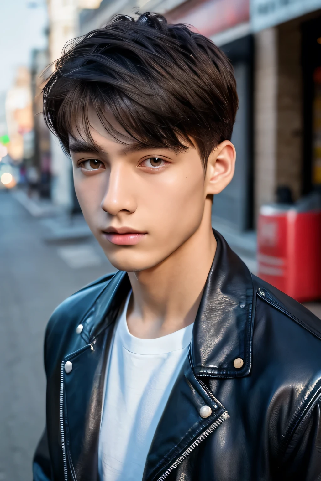 Highest quality, masterpiece, Ultra-high resolution, (Realistic: 1.4), Original photo, wallpaper, Head Photo, skin, Simple Background, Iris, detailed, Selfie, 1 boy, 18-year-old, good looking, Wind,Leather jacket、Street Corner