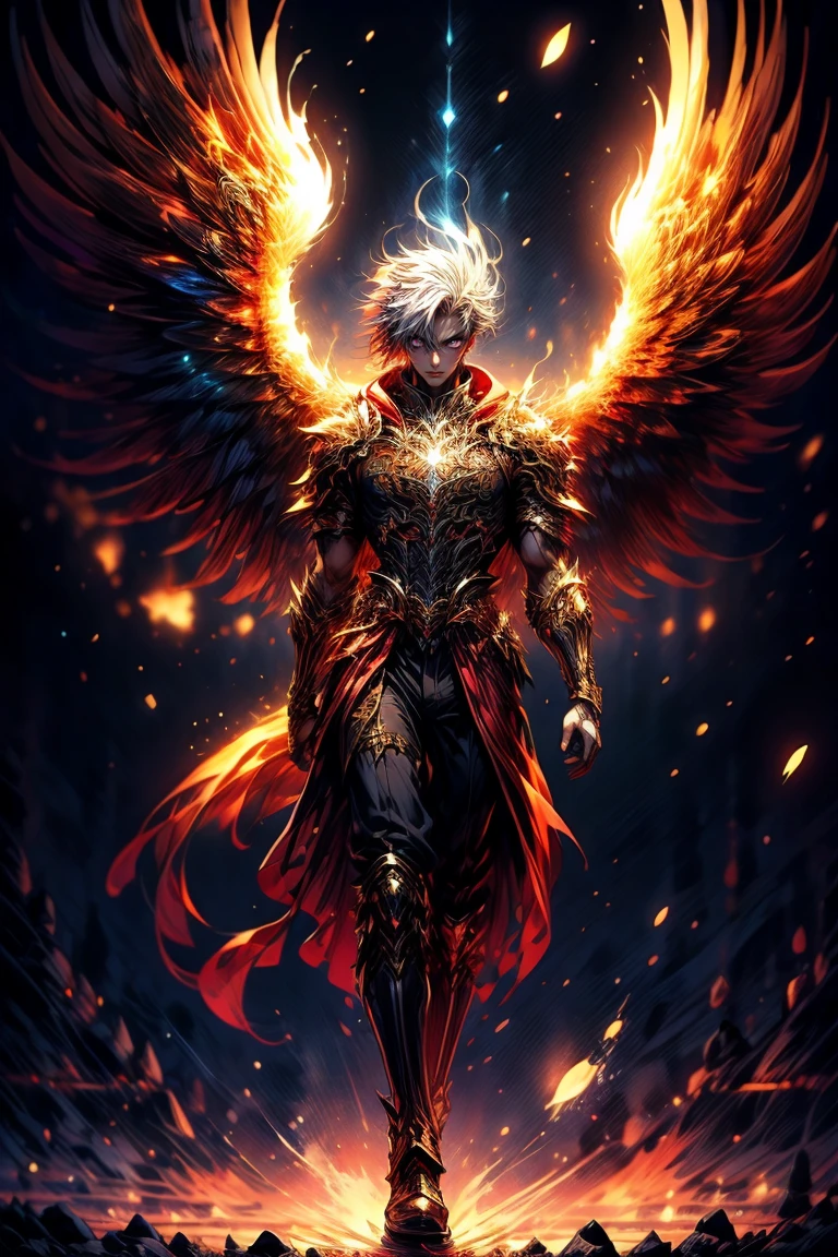 Masterpiece, best quality, high resolution, unified 16k wallpapers, uhd, DSLR, clean, highly detailed, 1 male, 1 young man, handsome face, good looking face, long white hair bone straight ( light in the hair ), bright purple eyes ( glowing eyes), large angel wings ( purple colored wings ), wings on fire ( purple colored flames ), glowing angelic being, inspired by a Phoenix warrior, cold expression ( cold look ), surrounded by the splendos of the earth, toned muscles and physique, wearing black pants, black hoodie and watch, pay attention to stunning details, cinematic, and achieve a resolution of 128k, floating, with a majestic aura of authority, shadowverse style. Full body