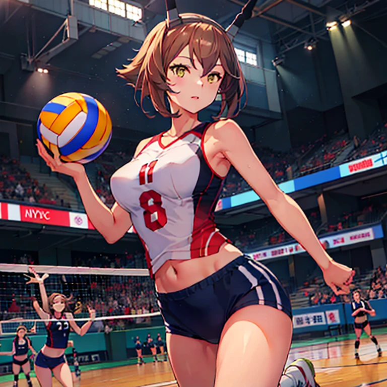 mutsu_kantaicollection
,(masterpiece:1.4),(best quality:1.4), (high quality:1.4),(hyper detailed:1.4),(exquisite:1.4), art CG,8K,1girl solo,
play volleyball, volleyball court, indoor stadium, (jumping:1.1), volleyball game,
volleyball uniform, one hand extended upwards, ball, volleyball net, 