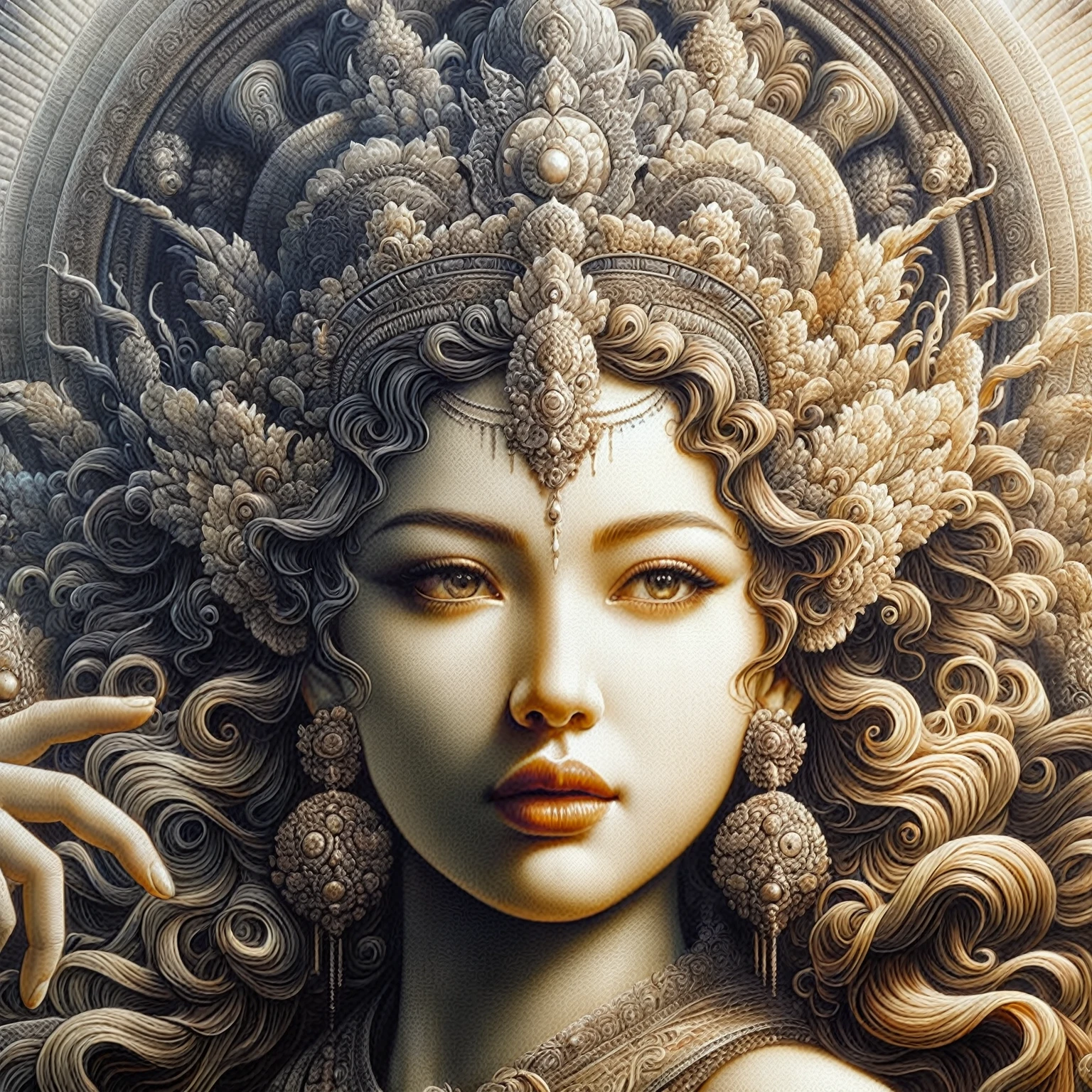 close-up of a woman with a large headdress and a large hairstyle, goddess. extremely high detail, extremely detailed goddess shot, karol bak uhd, 3 d goddess portrait, portrait of a beautiful goddess, goddess close-up portrait, a stunning portrait of a goddess, goddess portrait, goddess art, Karol Bak and Peter Mohrbacher