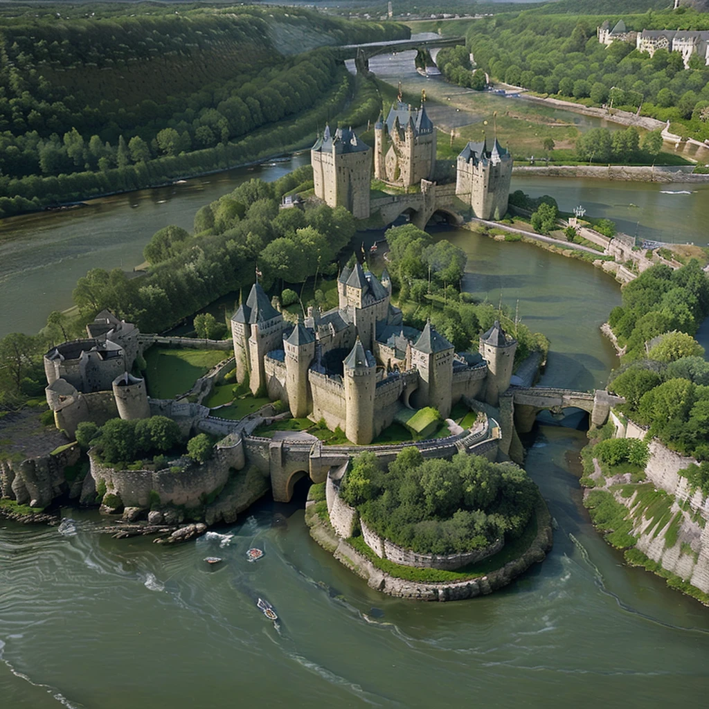 medieval castle, with ten towers, magnificent gardens, bridge over river