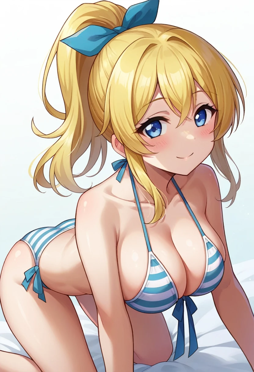 score_9, score_8_up, score_7_up, source_anime, eliayase, 1girl, solo, eli ayase, yellow hair, blue eyes, blush, closed mouth, smile, ponytail, hair ribbon, bare shoulders, bare back, large breasts, cleavage, blue halterneck string bikini, ass, striped blue side-tie string bikini bottom, looking at viewer, from behind, kneeling, simple background, white background,